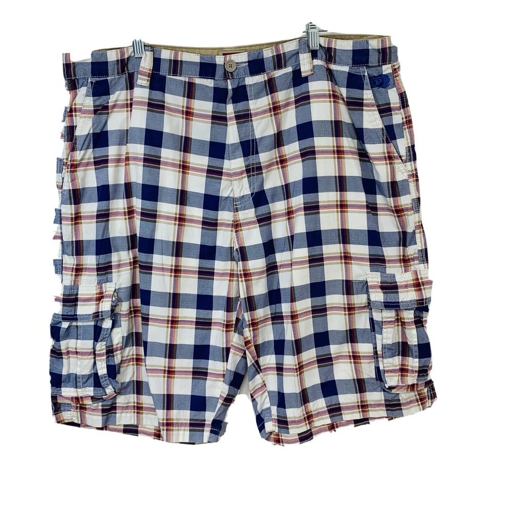 Phat Farm Plaid Cargo Shorts Men 40 Red White Blue 100% Cotton 11" Pockets Chino